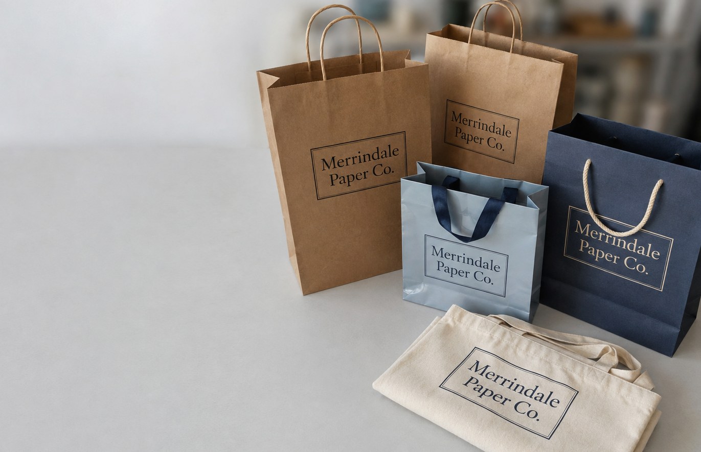 Custom printed shopping bags arranged on a studio table